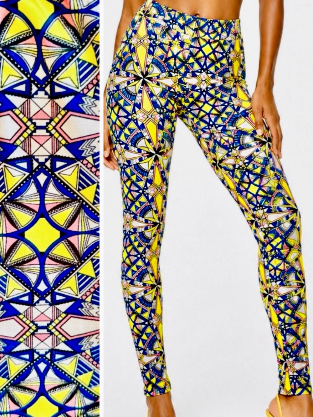 NEW MIX Boho Tribal Neon Yellow & Blue Mosaic High-Waist Leggings